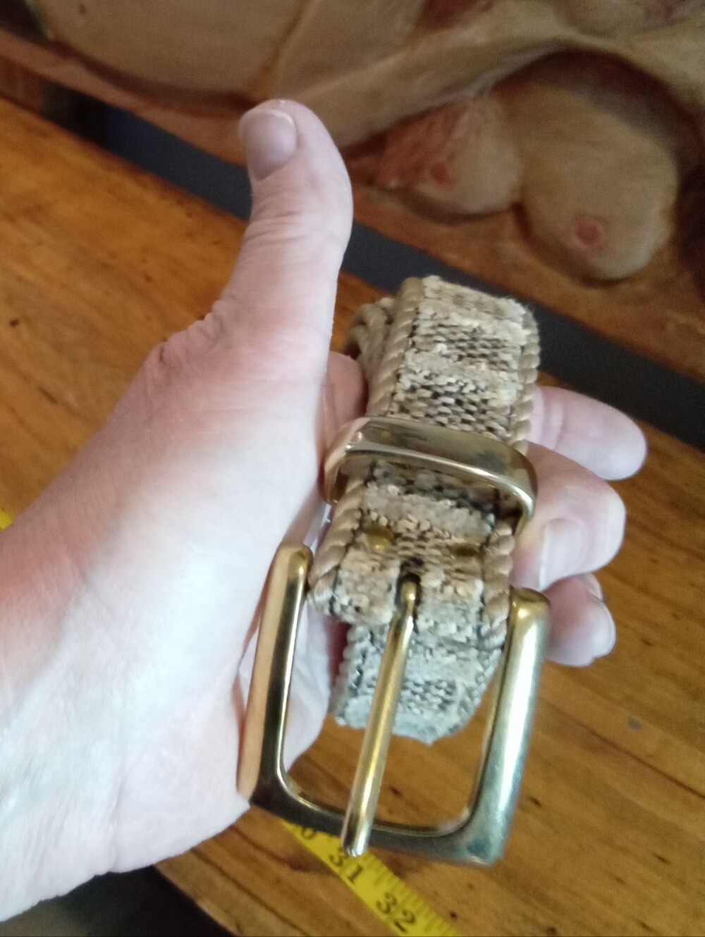 Elite Size L  Beige Textured Woven Belt with Gold Buckle
